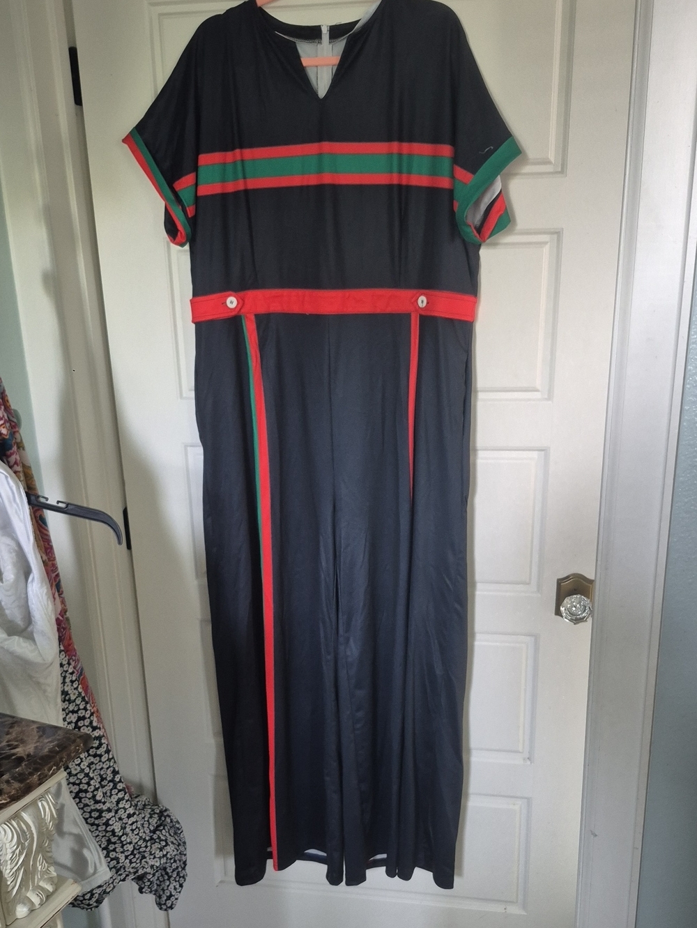 Black Jumpsuit with Red & Green Stripe Accent